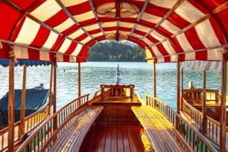Wooden tourist boat with red and white canopy sailing on lake bled in slovenia, offering scenic
