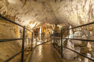 Tourists are enjoying a visit inside postojna cave in slovenia, walking on illuminated footpath