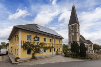 Drone image, view of village with parish church, Oftering, Hausruckviertel, Upper Austria, Austria,