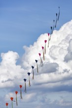 Strung kites flying in the sky, garland, kite festival in Vinsebeck, Steinheim, Eggegebirge and