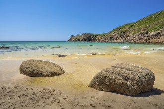 Sandy beach beach and rocks in Nanjizal Bay or Nanjizal Beach. St Just, Penzance, Cornwall,