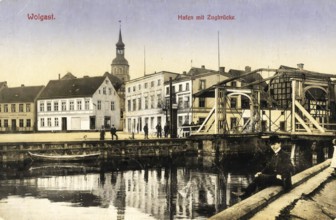 Historical postcard, picture postcard, harbour with drawbridge of Wolgast, Mecklenburg-Western