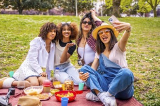 Four cheerful young women enjoying a sunny picnic in the park, capturing joyful moments together