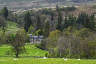 Farm and mountains, Southern Highlands, Scotland, United Kingdom, Europe