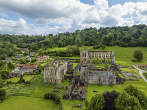 Rievaulx Abbey from a drone, North York Moors National Park, North Yorkshire, England, United