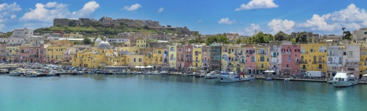 Procida Island, Campania, Italy, June 10, 2022: Italy, Procida Island shoreline with shops and