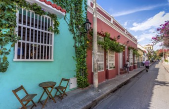 Cartagena, Colombia, 18 February, 2020: Scenic colorful streets of Cartagena in historic Getsemani