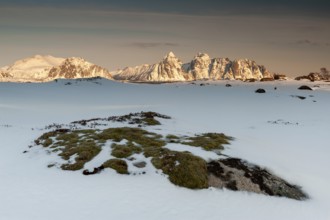 Winter landscape, Rugged mountains, Lofoten island Vestvågøya at the fjord Gimsøystraumen, Lofoten,