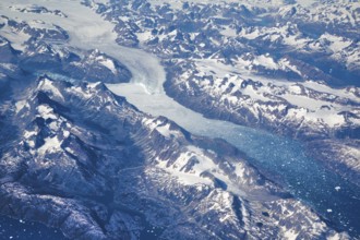 Aerial view of scenic Greenland Glaciers and icebergs