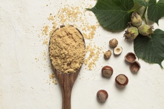 Wooden spoon with hazelnut flour, top view, no people, on a white table