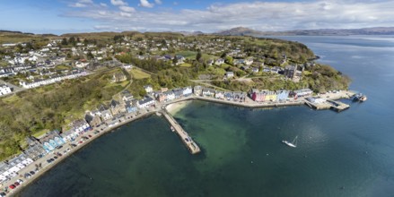 Aerial panorama view of village Tobermory, a picturesque village on the Isle of Mull, Scotland, UK