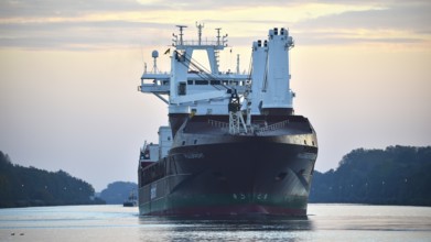 General Cargo, cargo ship Pijlgracht sailing at sunrise in the Kiel Canal, Kiel Canal,