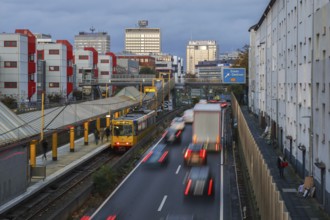 Essen, North Rhine-Westphalia, Germany, motorway A40 in the city centre, exit Essen Zentrum, during