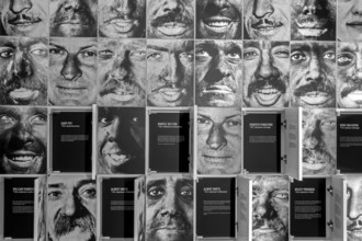 Coal miners' portraits in the be-MINE Mijnmuseum, coal mine museum at Beringen-Mijn, Beringen,