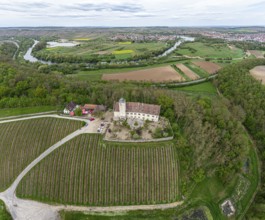 Aerial view of castle Hallburg near Volkach, main river in the back, Germany, Europe