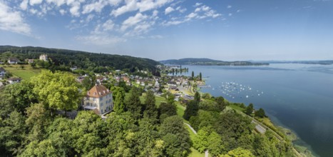Aerial view, panorama of Arenenberg with Arenenberg Castle, Napoleon Museum, on the lakeshore the
