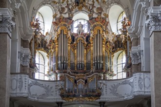 Church, baroque basilica St. Mang, interior view, organ, Füssen, Ostallgäu, Bavaria Germany