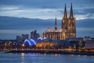 Skyline of Cologne, with the cathedral, Musical Dome theatre, on the Rhine, North Rhine-Westphalia,
