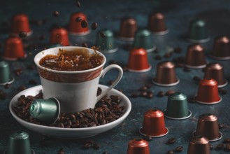 Coffee cup with splashing coffee and falling coffee beans surrounded by capsules