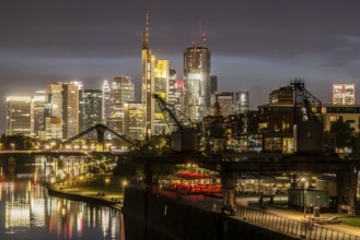 Skyline of Frankfurt am Main in the evening, skyscrapers in the banking district in the evening.