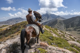 Traditional Kyrgyz eagle hunter, near Kysyl-Suu, Kyrgyzstan, Asia