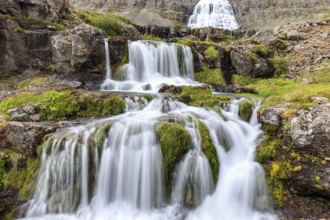Waterfall, cascades, river, moss, long exposure, mountains, Dynjandi, Westfjords, Iceland, Europe
