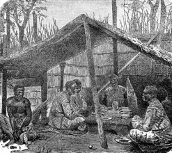 Men from the Kabinda tribe, district in the Democratic Republic of the Congo, in a hut, Africa,