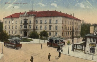 Historical postcard, picture postcard, hospital in Zittau, Saxony, Germany, digitally enhanced