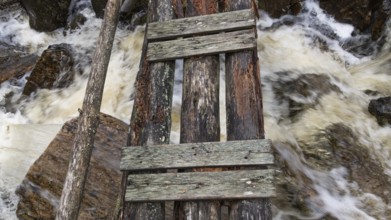 Wooden bridge over a stream, near Kvam, Gudbrandsdalen, Norway, Europe