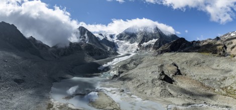 Aerial view, Alpine panorama, mountain landscape with glacier tongue and glacier lake, Glacier de
