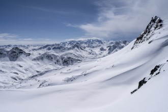 View of mountain panorama with mountain peaks of the Bernina group, mountain landscape with snow,