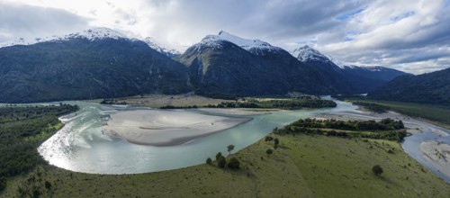 Aerial view over Rio Baker at the Rio Nadis mountain range south of Cochrane, Patagonia, Chile,