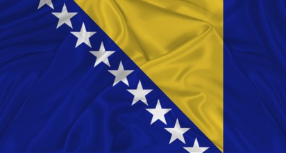 The flag of Bosnia with cloth texture. Close up of Bosnia flag waving