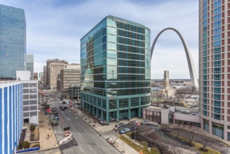 Gateway Arch between high rise buildings in downtown St. Louis, Missouri, USA, North America