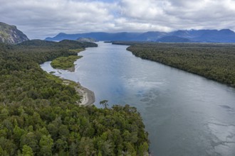 Aerial view of river Rio Palena between La Junta and Puerto Raul Marin Balmaceda, Patagonia, Chile,