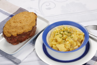 Swabian cuisine, Stuttgarter Leberkäs in a horseradish-mustard coating, Swabian potato salad,