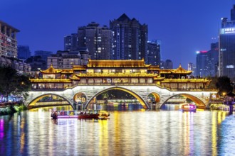 Chengdu Anshun Bridge over Jin River at night in Chengdu, China, Asia