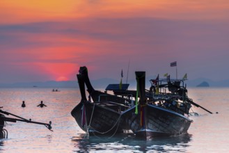 Longtail boat at sunset at Railay beach, evening mood, sun, evening, boat, sea, seascape, cloud,