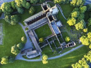 Top Down over Kirkstall Abbey from a drone, Kirkstall, River Aire, Leeds, West Yorkshire, England,