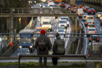Traffic jam on the A40 motorway, city passage, Essen-Huttrop junction, traffic jam in both