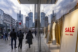Zeil shopping street, pedestrian zone, winter weather, city centre skyline, sale, banking district,