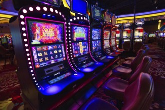 Buffalo, USA-20 July, 2018: Modern casino hall with slot machines, roulette and blackjack tables