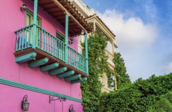 Colombia, Scenic colorful streets of Cartagena in historic Getsemani district near Walled City