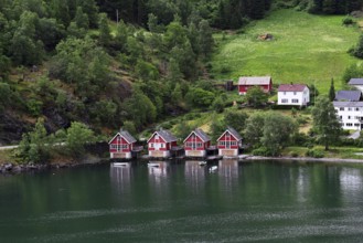 Red houses by the water in Flam, Norway, Europe