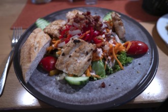 Salad with roasted turkey strips served in a restaurant, Bavaria, Germany, Europe