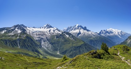 Mountain panorama with glaciated mountain peaks, Aiguille Verte with Aiguille du Midi and Mont