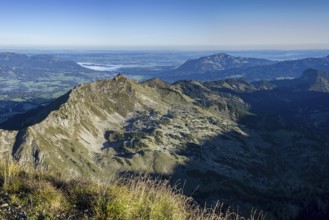 Panorama from the Nebelhorn, 2224m, to the Entschenkopf, 2043m and the Grünten, 1783m, Allgäu Alps,