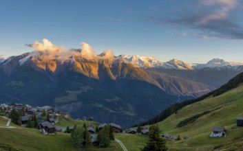 Bettmeralp with view of the Rhone valley, evening mood, alpenglow, tourism, mountain village,