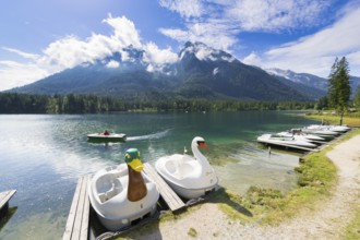 Jetty with boats at Hintersee, pedal boats, swan, duck, Hochkalter, Ramsau, Berchtesgaden National