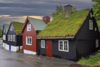 Traditional black tarred wooden houses with turf roofs at Reyn, Tinganes, old town of Tórshavn,